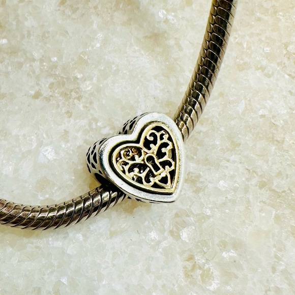 EUC Pandora 791740 Sterling Silver & 14k Yellow Gold Locked Hearts Heart Charm - Picture 4 of 15